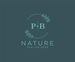första pb brev botanisk feminin logotyp mall blommig, redigerbar förhandsgjord monoline logotyp lämplig, lyx feminin bröllop varumärke, företags. vektor