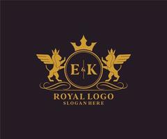 Initiale ek Brief Löwe königlich Luxus heraldisch, Wappen Logo Vorlage im Vektor Kunst zum Restaurant, Königtum, Boutique, Cafe, Hotel, heraldisch, Schmuck, Mode und andere Vektor Illustration.