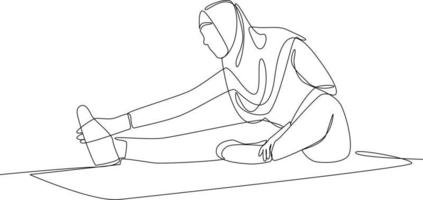 kontinuierlich einer Linie Zeichnung Muslim Frau tun Übung im heim. Konzept von Zuhause Gesundheit Pflege Aktivitäten. Single Linie zeichnen Design Vektor Grafik Illustration.