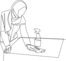 kontinuerlig ett linje teckning Lycklig muslim kvinna rengöring i hus. begrepp av Hem hälsa vård aktiviteter. enda linje dra design vektor grafisk illustration.