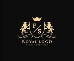 första fs brev lejon kunglig lyx heraldisk, vapen logotyp mall i vektor konst för restaurang, kungligheter, boutique, Kafé, hotell, heraldisk, Smycken, mode och Övrig vektor illustration.