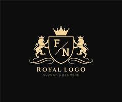 första fn brev lejon kunglig lyx heraldisk, vapen logotyp mall i vektor konst för restaurang, kungligheter, boutique, Kafé, hotell, heraldisk, Smycken, mode och Övrig vektor illustration.