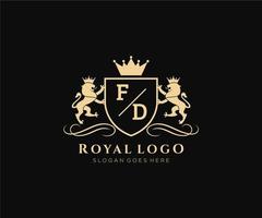 första fd brev lejon kunglig lyx heraldisk, vapen logotyp mall i vektor konst för restaurang, kungligheter, boutique, Kafé, hotell, heraldisk, Smycken, mode och Övrig vektor illustration.