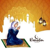 ramadan kareem festival firande kort med muslim kvinna erbjudande namaz vektor