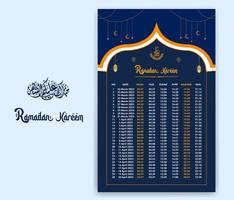 ramadan tid kalender 2023 med bön gånger i ramadan. ramadan schema - fasta, iftar, och bön tidtabell. islamic bakgrund design med moské och lampa. vektor
