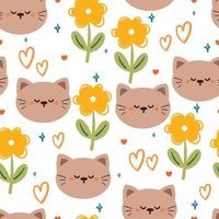 sömlös mönster tecknad serie katt och blomma. söt djur- tapet för textil, gåva slå in papper vektor