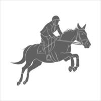 Pferdesport, Pferdespringen, Springreiten, Pferd mit Jockeyreiter, der beim Wettkampf über die Hürde springt. Vektorillustration