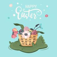 glücklich Ostern Gruß Karte mit Hand zeichnen Text. festlich gefärbt Eier im Korbweide Stroh Korb. Frühling Landschaft mit Wildblumen, Blätter. Vektor Karikatur Illustration zum Urlaub Poster, Banner