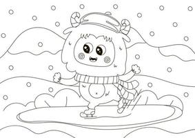 komisch Färbung Seite mit süß Yeti Charakter Eis Skaten vektor