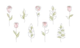 einstellen von Hand gezeichnet Rose Blume kontinuierlich einer Linie Kunst. minimalistisch Kontur Zeichnung Monoline Pastell- Rose. isoliert auf Weiß Hintergrund. vektor