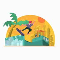 Skateboardfahrer Springen auf ein Rampe im das Stadt. eben Vektor Illustration.