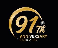 91 .. Jahrestag Ordinal- Nummer Zählen Vektor Kunst Illustration im atemberaubend Schriftart auf Gold Farbe auf schwarz Hintergrund