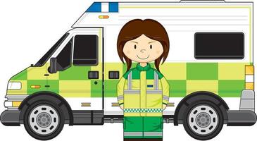 süß Karikatur britisch Sanitäter mit Krankenwagen vektor