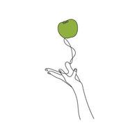 Hand werfen Grün Apfel im das Luft. einer Linie Kunst. Hand gezeichnet Vektor Illustration.