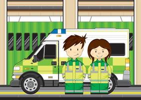 süß Karikatur britisch Sanitäter mit Krankenwagen beim Bahnhof vektor