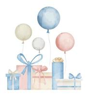 Geschenk Kisten mit Luft Luftballons im Pastell- Blau und Rosa Farben. Hand gezeichnet Aquarell Illustration mit die Geschenke auf isoliert Hintergrund zum Gruß Karten oder Einladungen. Zeichnung zum glücklich Geburtstag vektor