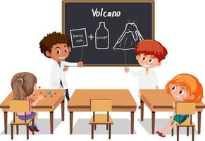 junge Studenten erklären Vulkanexperimente in der Klassenzimmerszene