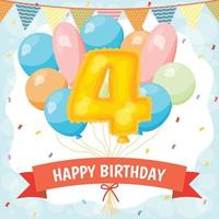 Grattis på födelsedagen firande kort med nummer 4 ballong vektor