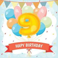 Grattis på födelsedagen firande kort med nummer 9 ballong vektor