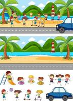 uppsättning olika horisontella scener bakgrund med doodle barn seriefigur vektor