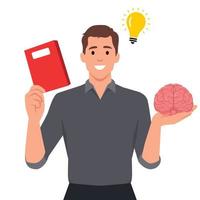 Mann halten Gehirn während studieren zum Schule. Idee Denken. er ist bekommen Idee von Buch vektor