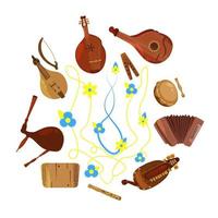 uppsättning av hand dragen traditionell slaviska, ukrainska musikalisk instrument. bandur, tamburin, dragspel, lyra, cymbaler, ukrainska fiol, sopilka. vektor illustration