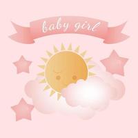 bebis dusch baner med Sol, stjärnor, moln och text bebis flicka på rosa bakgrund. den s en flicka. vektor