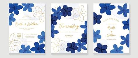 Luxus Hochzeit Einladung Karte Hintergrund Vektor. Aquarell Blume gestalten im Blau Farbe mit Gold Linie Kunst und Tinte Spritzer Textur. Design Illustration zum Hochzeit und vip Startseite Vorlage, Banner. vektor