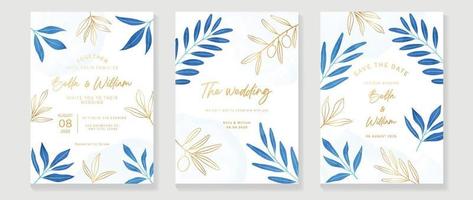 Luxus Hochzeit Einladung Karte Hintergrund Vektor. Aquarell botanisch Blatt Ast im Blau Farbe Thema mit Gold Linie Kunst Textur. Design Illustration zum Hochzeit und vip Startseite Vorlage, Banner. vektor