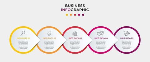 minimal affärsinfografikmall. tidslinje med 5 steg, alternativ och marknadsföringsikoner .vektor linjär infografisk med två cirkel conected element. kan användas för presentation vektor