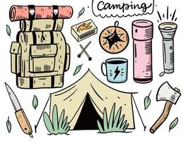 Camping Hand gezeichnet bunt einstellen Werkzeuge vektor