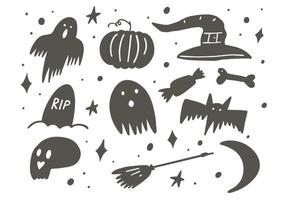 Karikatur Gekritzel Halloween Symbole Satz. Kinder Hand gezeichnet Vektor Illustration.