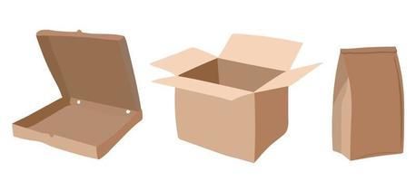 uppsättning av papper paket. låda, pizza förpackning, papper väska vektor