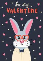 Sein meine Valentinstag. Urlaub Karte mit süß Karikatur Hase und Slogan. Hase im Glasen auf Hintergrund mit Herzen vektor