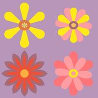 fyra typ av blomma blomning färgrik mjuk kronblad abstrakt form mång lager på violett bakgrund. topp sida för dekorativ bild vektor