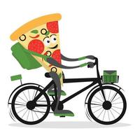 Lieferung Bedienung Komposition mit süß Pizza Kurier Biker Karikatur Charakter. Pizza Kurier auf Fahrrad oder Roller. eben Vektor Illustration