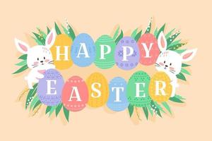 påsk bakgrund vektorillustration, söt platt tecknad stil. baby kaniner med dekorerade ägg. kanin som håller utsmyckade ägg med glad påsk. vita kattungens munstycken och ägg bland färskt gräs. vektor