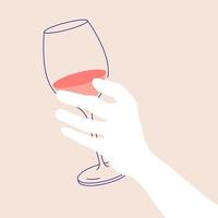 Frau s Hand halten Glas os Weiß Wein. eben Illustration zum Gruß Karten, Postkarten, Einladungen, Speisekarte Design. Linie Kunst Vorlage vektor