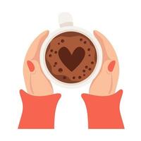 weiblich Hände umarmen heiß Kaffee Becher. oben Sicht. heiß Kaffee mit Herz. Vektor Illustration. Hand gezeichnet im eben Stil. anwendbar zum Kaffee Haus Werbung Design, Postkarten, Dekor.