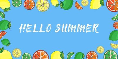 vektor illustration blå bakgrund ram av citrusfrukter - Hej sommar