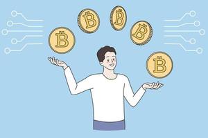 jung Mann halten golden Bitcoins, Arbeiten online auf Lager Markt. lächelnd männlich Bergwerk Münzen, Kaufen und verkaufen Kryptowährung auf wachsend Markt. Krypto Investition, Finanzen. eben Vektor Illustration.