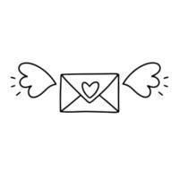 handgemalt geschlossen Briefumschlag mit Flügel und ein Herz. ein Doodle-Stil Liebe Botschaft. schwarz Gliederung auf ein Weiß Hintergrund. ein Element zum Gruß Karten, Poster, Aufkleber und saisonal Design. vektor