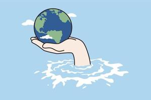 Klima ändern, Katastrophe, Speichern Konzept. Mensch Hand halten halten Welt oder Globus über Klima Flut Ozean nehmen Pflege versuchen zu Hilfe Vektor Illustration