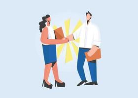 vielfältig Menschen Shake Hand erhalten bekannt Gruß beim Arbeit Interview im Büro. Mann Frau Handschlag schließen Deal machen Zustimmung nach erfolgreich treffen. Rekrutierung, Anstellung. Vektor Illustration.