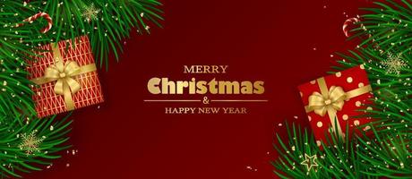 glad jul och Lycklig ny år baner. jul träd grenar, gåva lådor, guld dekor och konfetti på en röd bakgrund. vektor