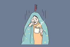 ungesund Mann bedeckt im Decke Gefühl krank nicht wohl leiden mit hoch Temperatur trinken heiß Tee. krank männlich Kampf mit Grippe oder Fieber, haben covid-19 Symptome. Corona Konzept. eben Vektor Illustration.