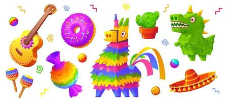 Piñata, Mexikaner Hut, Kaktus, Gitarre und Rassel vektor