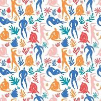 sömlösa mönster trendiga doodle och abstrakta människor ikoner på vit bakgrund. sommarkollektion, ovanliga former i frihand matisse konststil. inkluderar människor, blommor konst. vektor