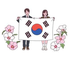 Ein junger männlicher und weiblicher Student steht mit einer großen koreanischen Flagge. Daneben blühen Sharon-Blüten. vektor
