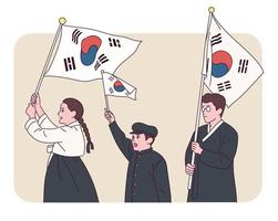 människor i traditionella koreanska dräkter vinkar med taegeukgi. vektor